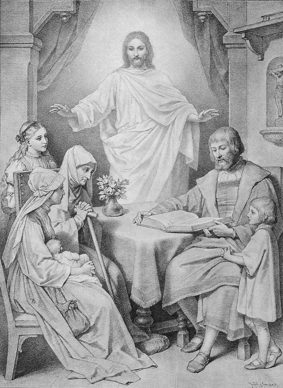 Cristo se hace presente entre varios discípulos reunidos alrededor de la Escritura