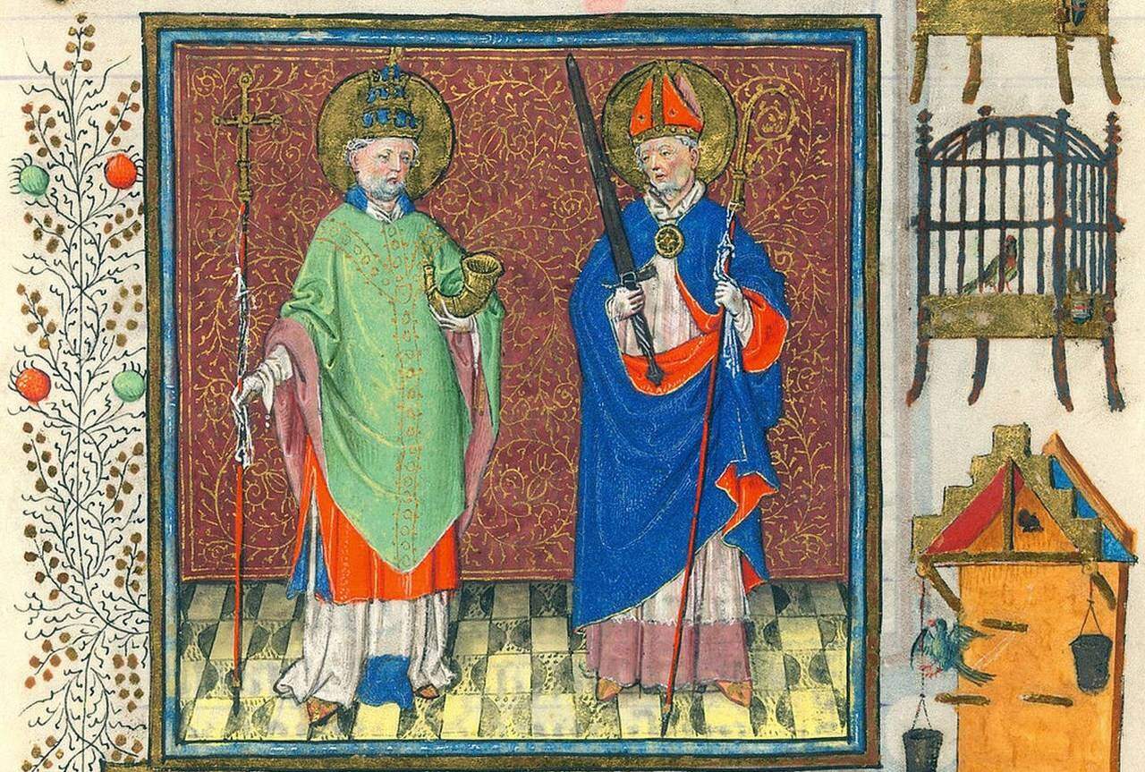 Miniatura medieval de los santos Cornelio y Cipriano, ambos obispos y mártires