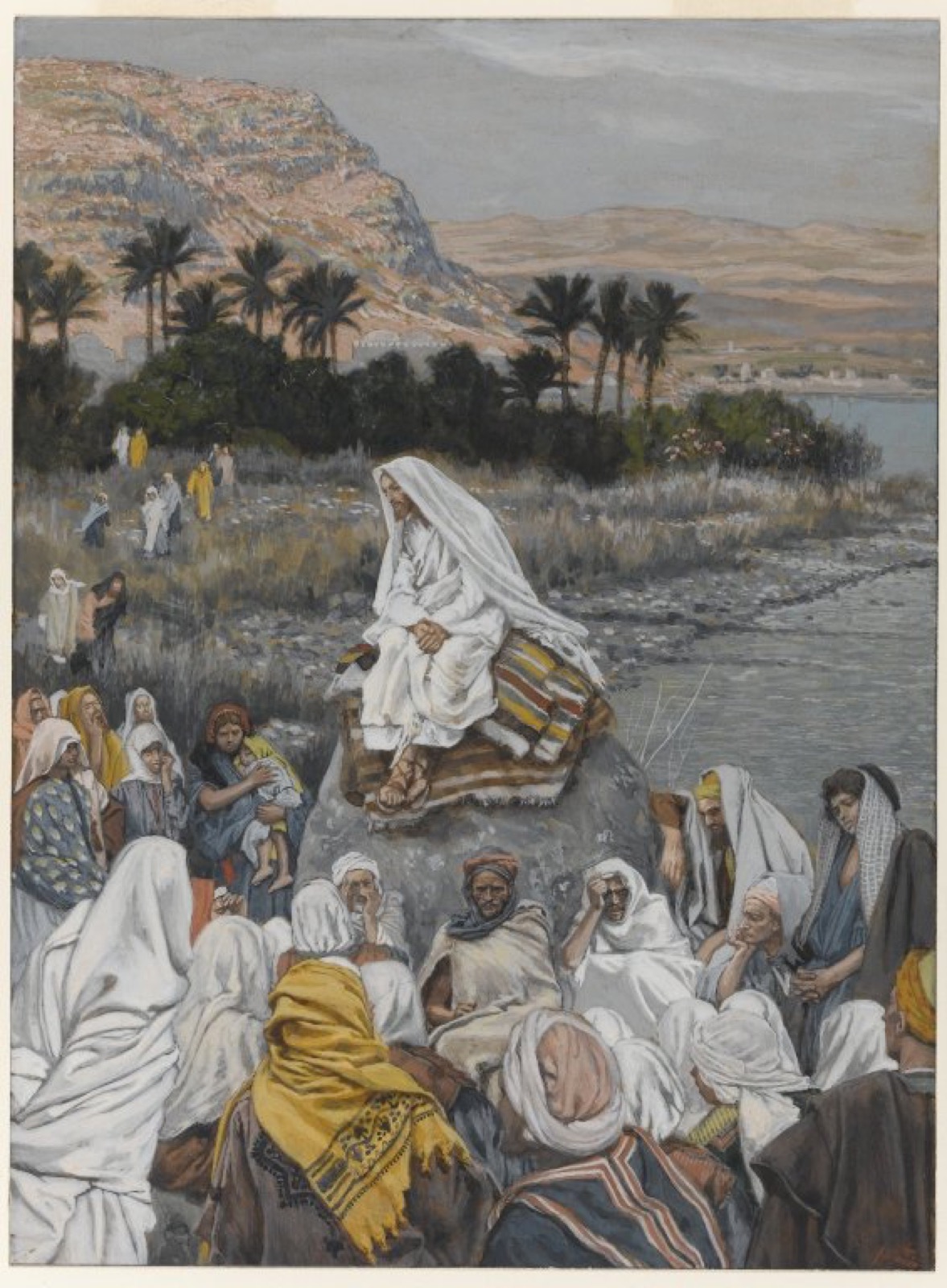 Jesús sentado junto al mar enseña a una multitud que lo escucha