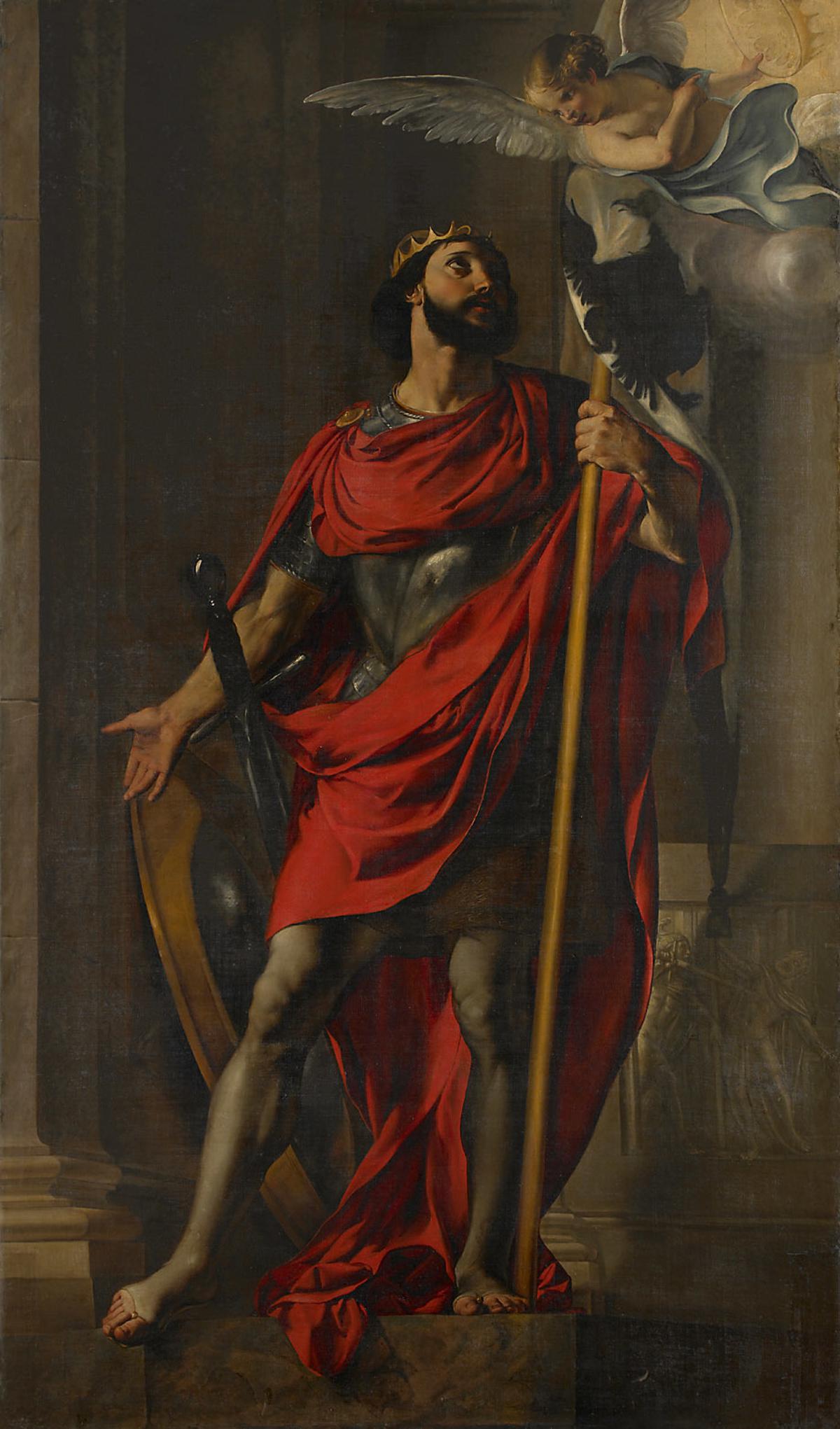 San Wenceslao de Bohemia, coronado y vestido de armadura, recibe la palma del martirio de un ángel