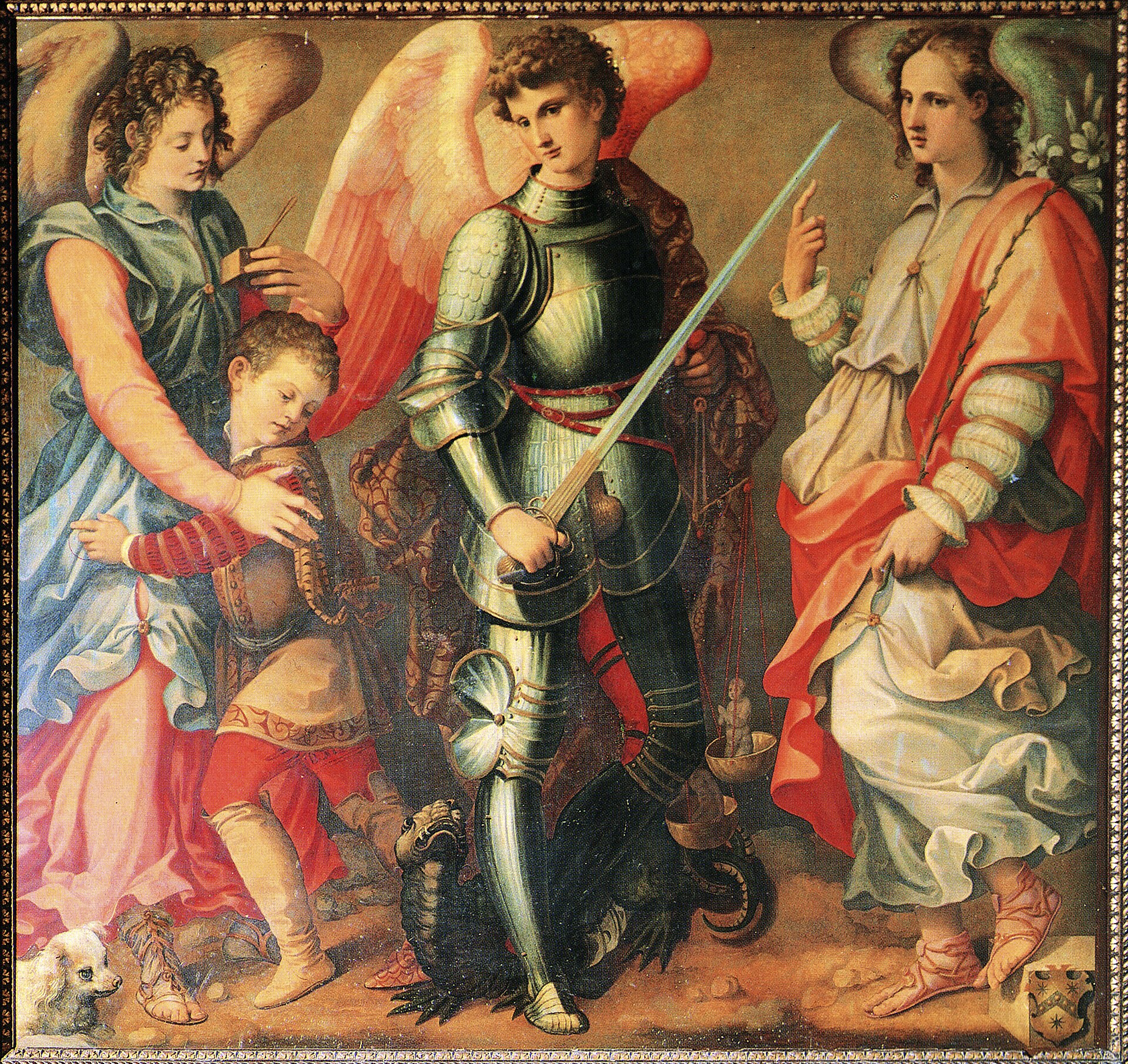 Los arcángeles Rafael, Miguel y Gabriel: Rafael acompaña a Tobías, Miguel vence al dragón y Gabriel lleva el lirio
