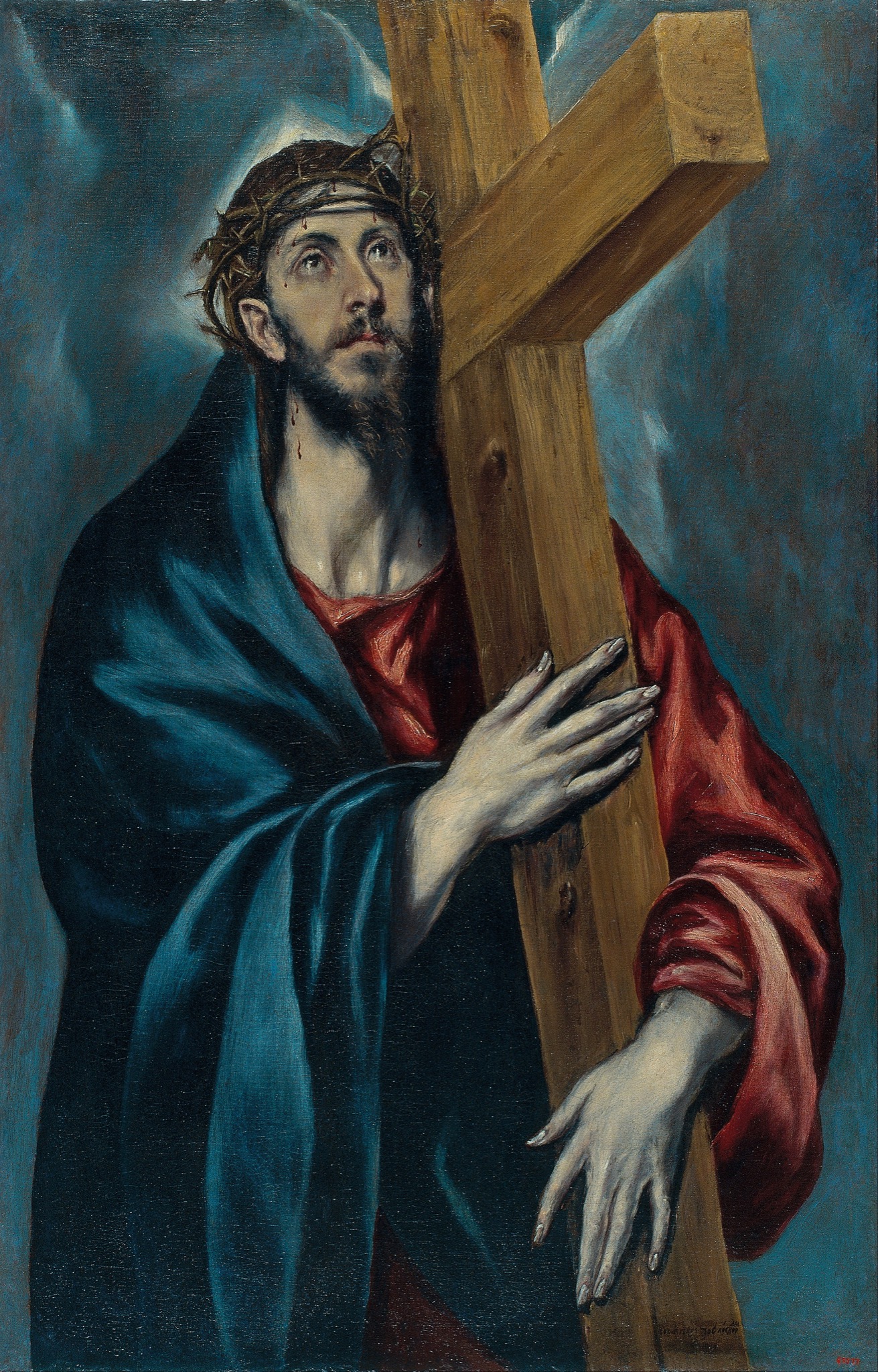 Jesucristo abraza la cruz y eleva la mirada hacia el cielo en una pintura de El Greco
