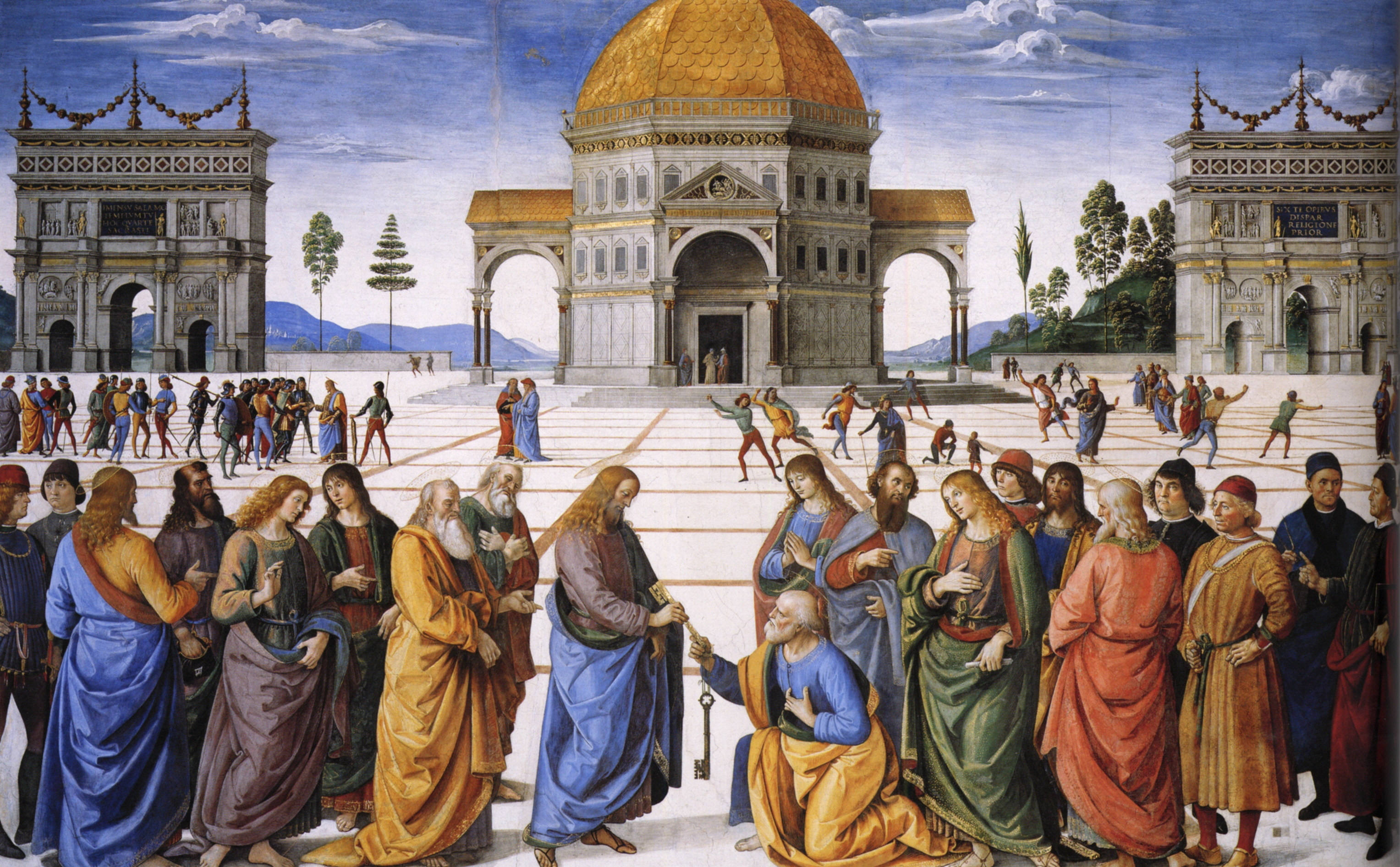 Jesús entrega las llaves del Reino a san Pedro, fresco completo de Pietro Perugino