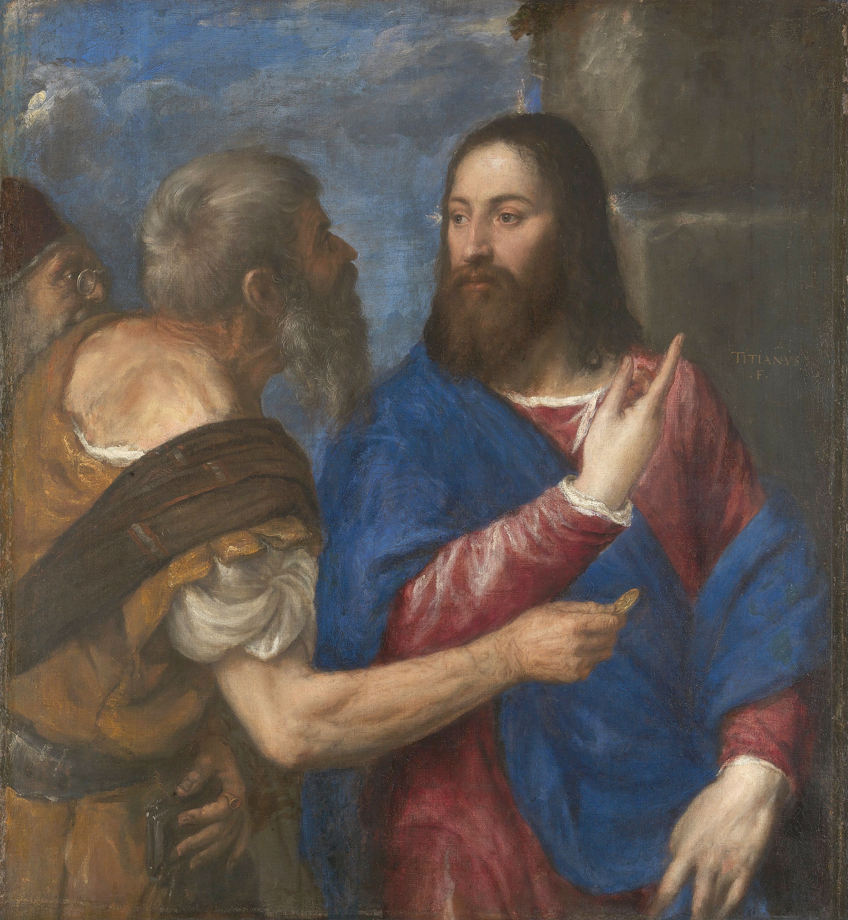 Un hombre presenta una moneda a Jesús, que viste rojo y azul y levanta una mano; otro hombre observa detrás.
