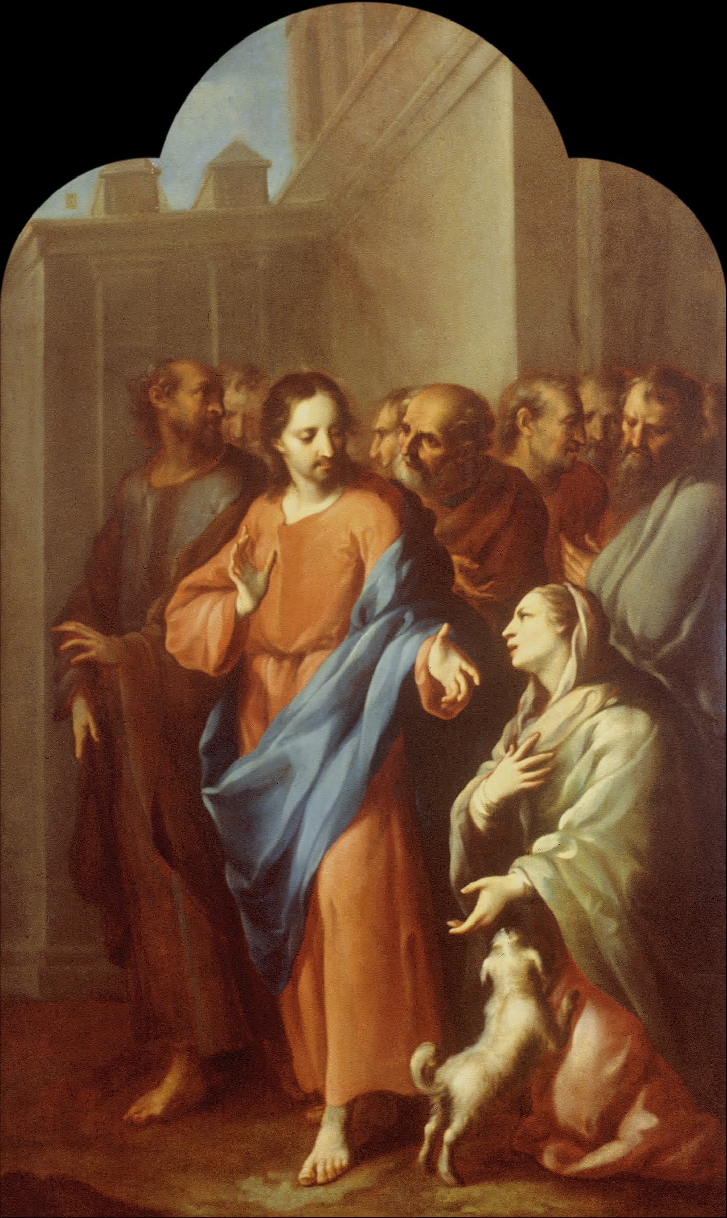 Jesús, vestido de rojo y azul, dirige un gesto a una mujer arrodillada; varias personas observan y un perro se apoya junto a ella.
