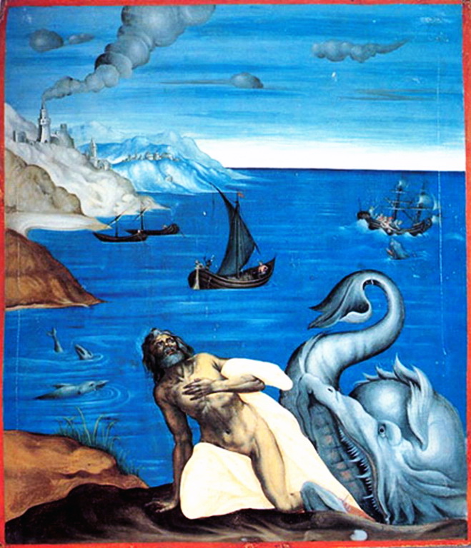 Jonás, arrodillado junto al mar y a un gran pez de boca abierta, mira al cielo; detrás navegan embarcaciones.
