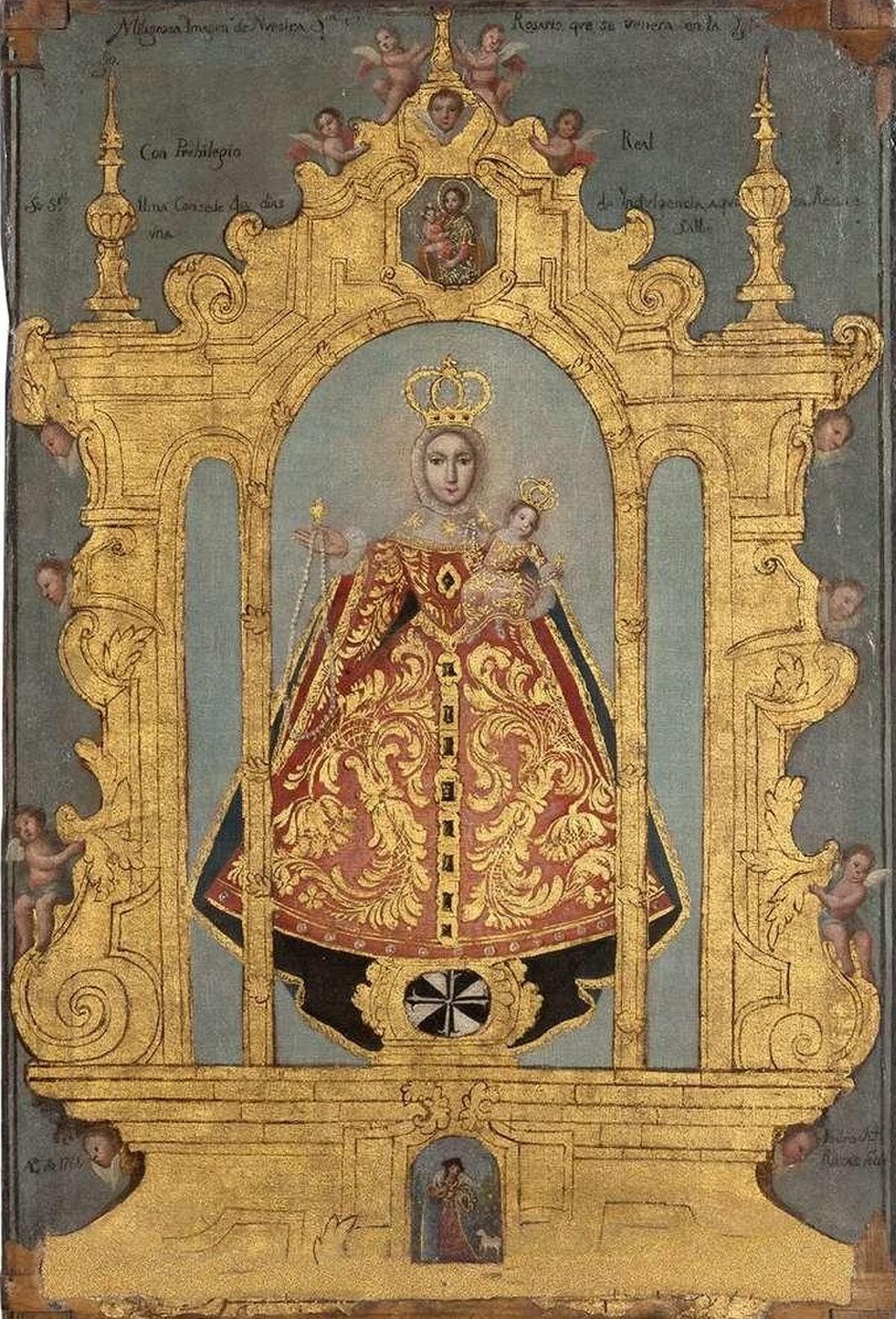 Pintura de la Virgen que sostiene al Niño Jesús y el Rosario