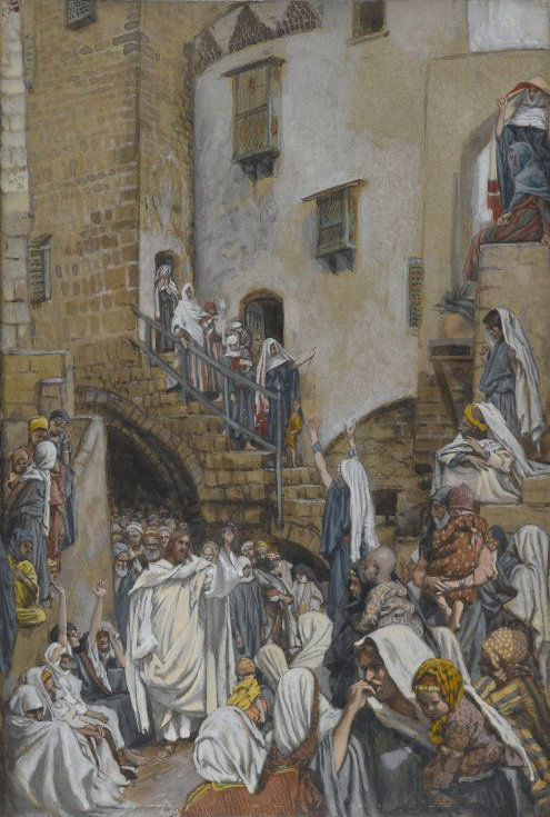 Jesús rodeado de oyentes en una calle y una mujer que levanta los brazos para dirigirse a él, en una acuarela de James Tissot.