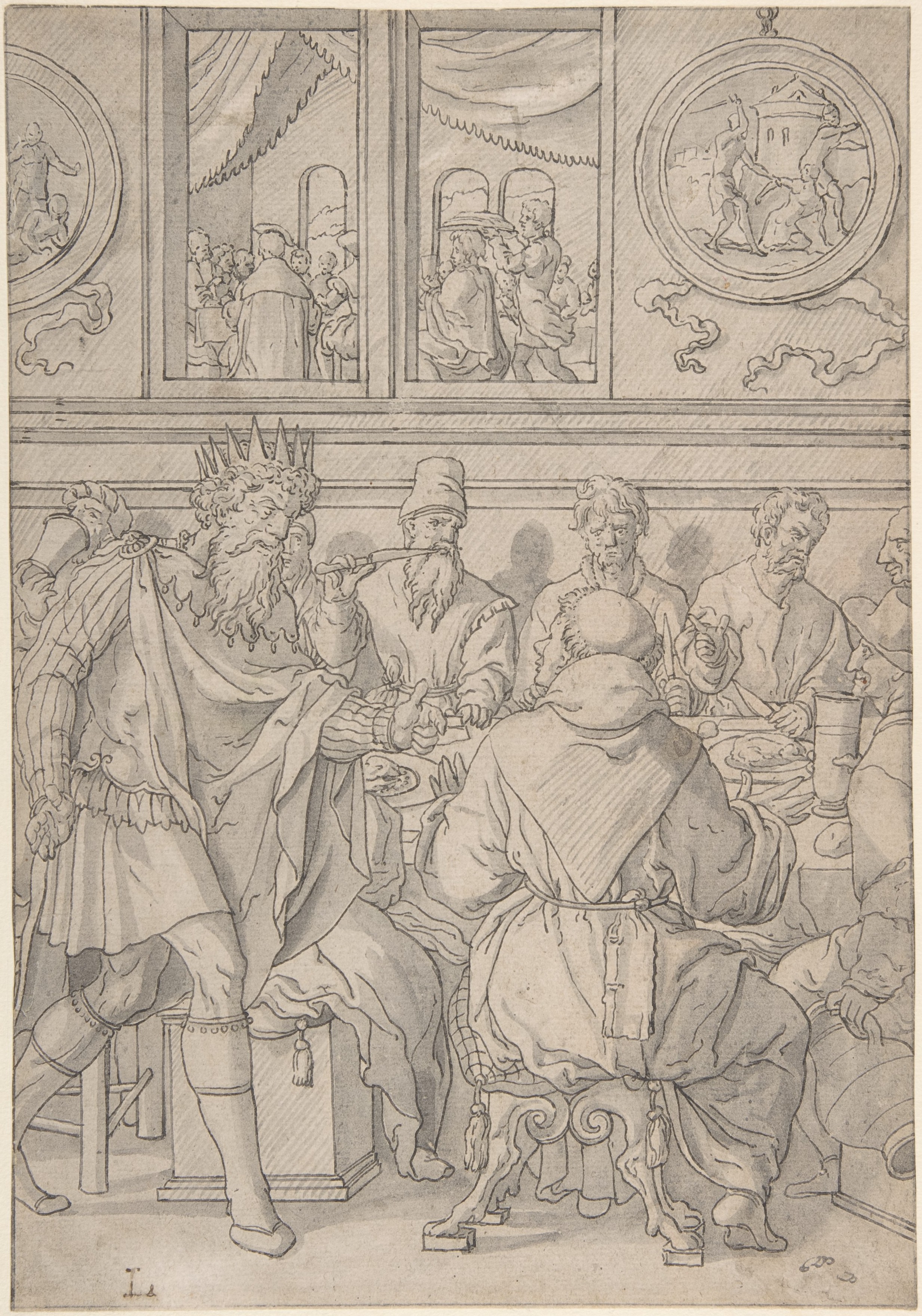 Dibujo del rey que se dirige al invitado sin traje de bodas delante de una mesa con comensales; anónimo neerlandés del siglo XVI, según Jan Swart van Groningen.